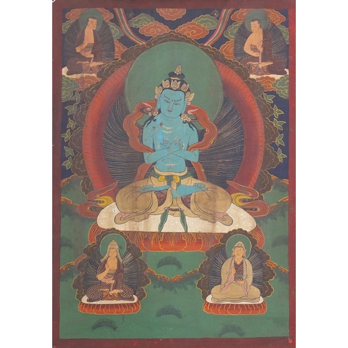 540 - Two Tibetan watercolour on silk Thang-Ga, both with deities, the largest 70cm x 49cm