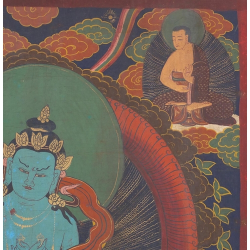 540 - Two Tibetan watercolour on silk Thang-Ga, both with deities, the largest 70cm x 49cm