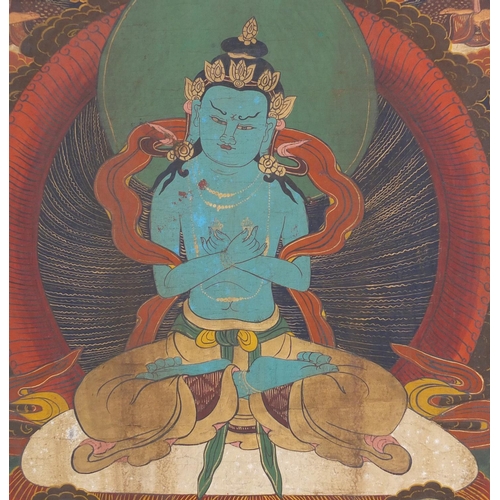 540 - Two Tibetan watercolour on silk Thang-Ga, both with deities, the largest 70cm x 49cm