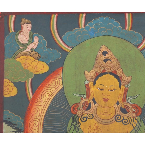 540 - Two Tibetan watercolour on silk Thang-Ga, both with deities, the largest 70cm x 49cm