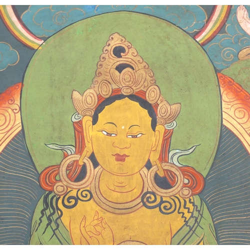 540 - Two Tibetan watercolour on silk Thang-Ga, both with deities, the largest 70cm x 49cm