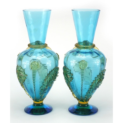 623 - Pair of 19th century French blue glass vases with applied decoration, each 35.5cm high