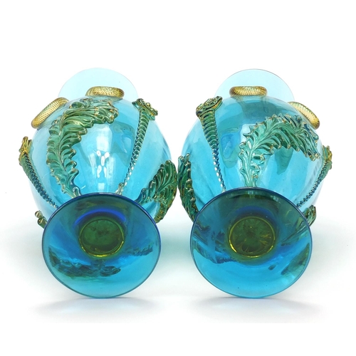 623 - Pair of 19th century French blue glass vases with applied decoration, each 35.5cm high