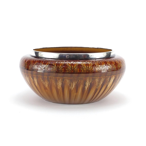 661 - Lintorpe pottery bowl designed by Christopher Dresser, with Victorian silver rim, 26cm in diameter