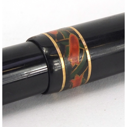 62 - Dunhill Namiki black laquer fountain pen with hand painted floral band and 14ct gold Dunhill nib, 12... 