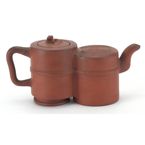 461 - Chinese Yixing terracotta teapot of barrel form, with animalia knop, character marks to the undersid... 