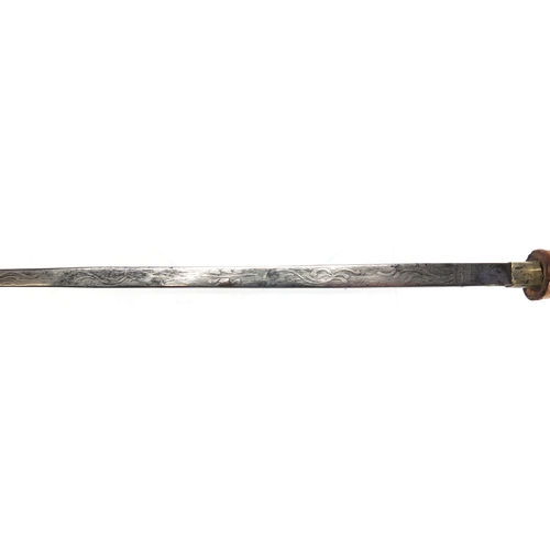 129 - Bamboo sword stick with etched steel blade and brass ferrule, 92cm in length