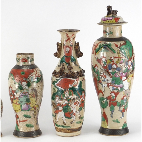 428 - Five Chinese crackle glazed vases, four baluster examples, all hand painted in the famille verte pal... 
