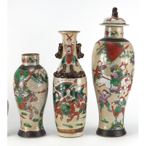 428 - Five Chinese crackle glazed vases, four baluster examples, all hand painted in the famille verte pal... 