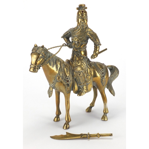 472 - Chinese jewel set bronze study of a warrior on horseback, 25.5cm high