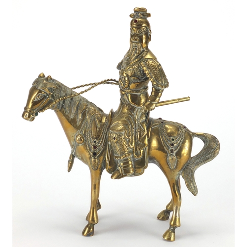 472 - Chinese jewel set bronze study of a warrior on horseback, 25.5cm high