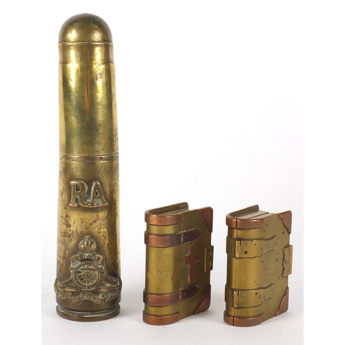 327 - British Military interest trench art including a large lighter with Royal Artillery Insignia and two... 