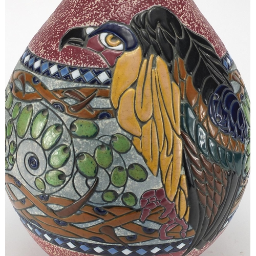 2097 - Large Czechoslovakian baluster vase by Amphora, incised and enamelled with a stylised vulture and fl... 