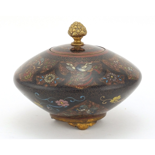 481 - Japanese three footed cloisonné vase and cover enamelled with butterflies and flowers, 9cm high