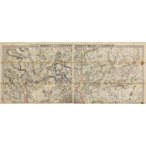 165 - 19th century hand coloured ordnance survey of the country 30 miles around London, in four sections p... 