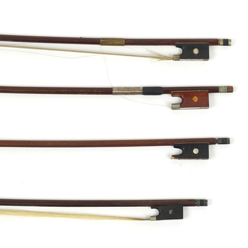 282 - Four wooden violin bows, the largest 76cm in length