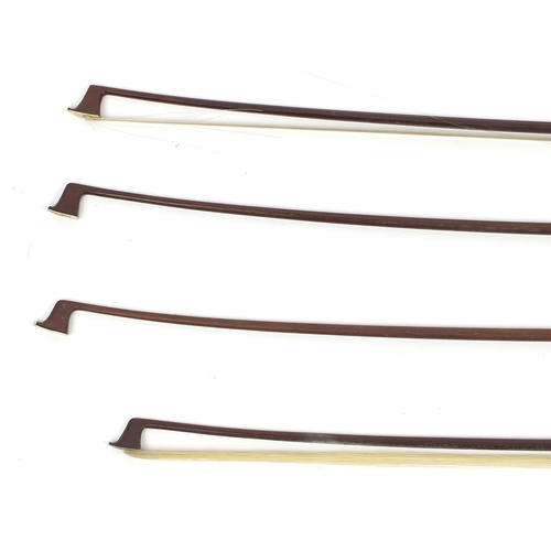 282 - Four wooden violin bows, the largest 76cm in length