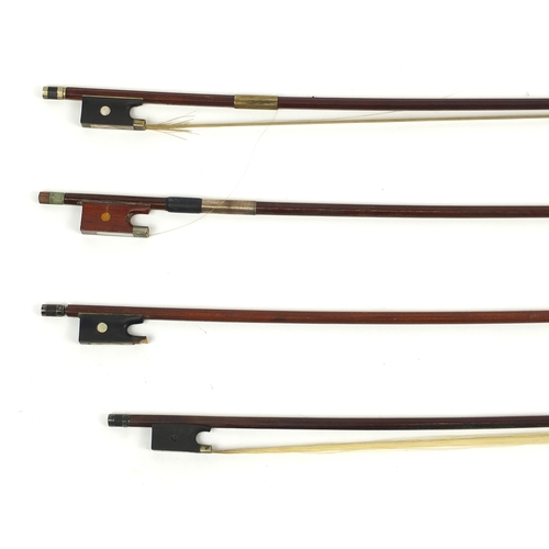 282 - Four wooden violin bows, the largest 76cm in length