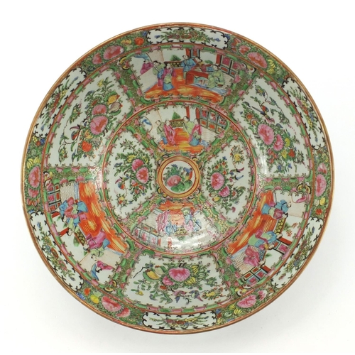 433 - Chinese Canton porcelain punch bowl, hand painted in the famille rose palette with panels of figures... 