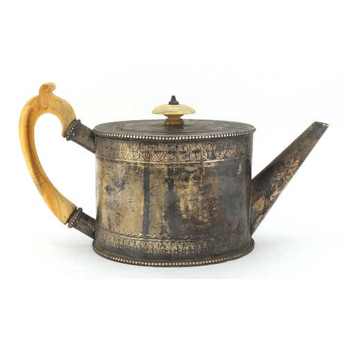 722 - Victorian silver teapot with engraved decoration, ivory handle and knop, A C London 1860, 25cm in le... 