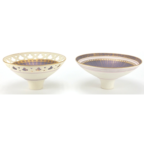 680 - Two contemporary studio pottery footed bowls by Bridget Drakeford, both hand gilded one with pierced... 