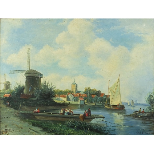 2269 - Windmill beside a lake, Dutch school oil onto board, bearing a signature Jocobson, 46cm x 36cm