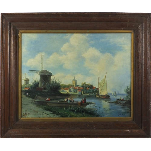 2269 - Windmill beside a lake, Dutch school oil onto board, bearing a signature Jocobson, 46cm x 36cm