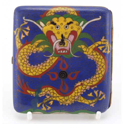 485 - Chinese cloisonné cigarette case, enamelled with dragons chasing the flaming pearl, 9cm x 8cm