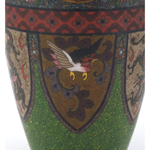 482 - Japanese cloisonné vase enamelled with panels of birds of paradise, dragons and butterflies, 18.5cm ... 