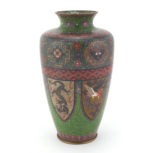 482 - Japanese cloisonné vase enamelled with panels of birds of paradise, dragons and butterflies, 18.5cm ... 