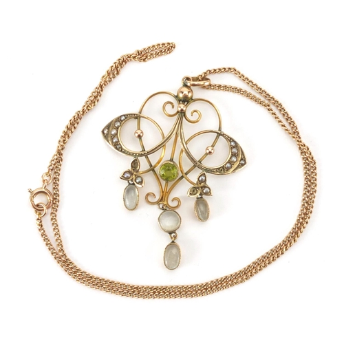 802 - Art Noveau 9ct gold moonstone, seed pearl and Peridot pendant on a 9ct gold necklace, the pendant 5.... 