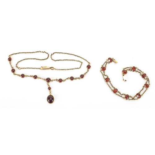 868 - 9ct gold garnet necklace and bracelet, the necklace 44cm in length, approximate weight 12.5g