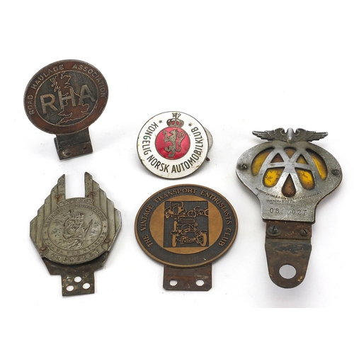 142 - Vintage motoring car badges  including Safety Courtesy and an enamel Norwegian Norsk Automobilklub e... 