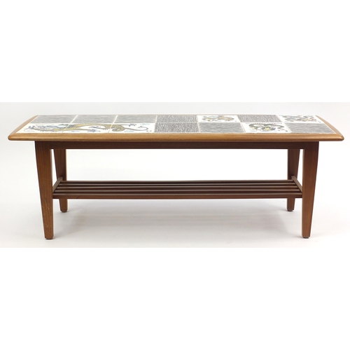 2030 - Vintage Danish designer coffee table with tile top table, 38cm H x 114cm W x38cm D