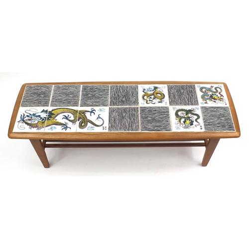 2030 - Vintage Danish designer coffee table with tile top table, 38cm H x 114cm W x38cm D