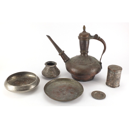 558 - Middle Eastern metalware including a copper jug, pot and cover and vase embossed with foliate motifs... 