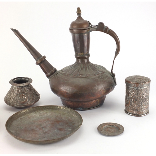 558 - Middle Eastern metalware including a copper jug, pot and cover and vase embossed with foliate motifs... 