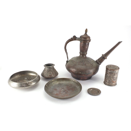 558 - Middle Eastern metalware including a copper jug, pot and cover and vase embossed with foliate motifs... 