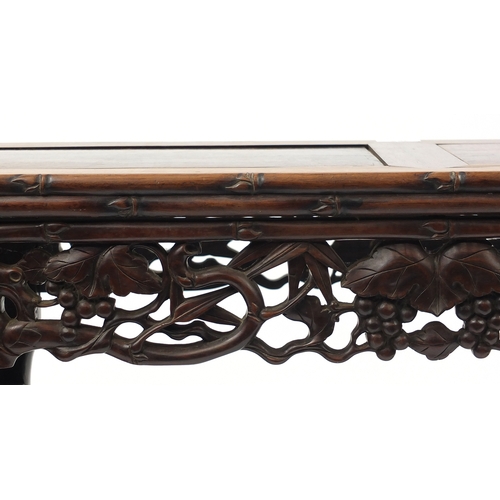 463 - Chinese rosewood hall bench, carved with foliage and berries, 53cm H x 105cm W x 34.5cm D