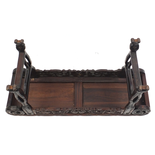 463 - Chinese rosewood hall bench, carved with foliage and berries, 53cm H x 105cm W x 34.5cm D