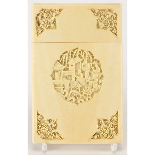 513 - Chinese Canton ivory card case carved with panels of flowers and figures, 11.5cm H x 7.5cm W x 1cm D