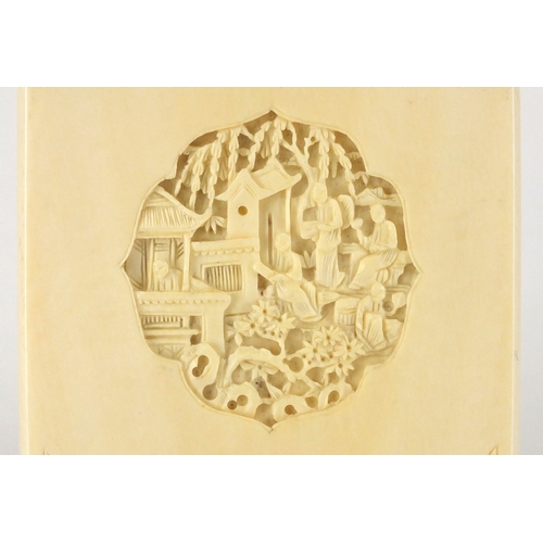 513 - Chinese Canton ivory card case carved with panels of flowers and figures, 11.5cm H x 7.5cm W x 1cm D