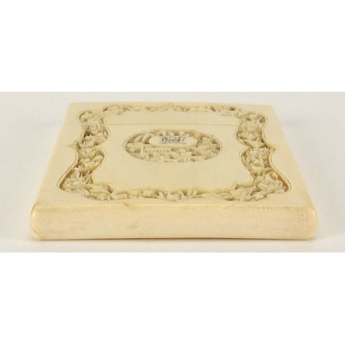 513 - Chinese Canton ivory card case carved with panels of flowers and figures, 11.5cm H x 7.5cm W x 1cm D