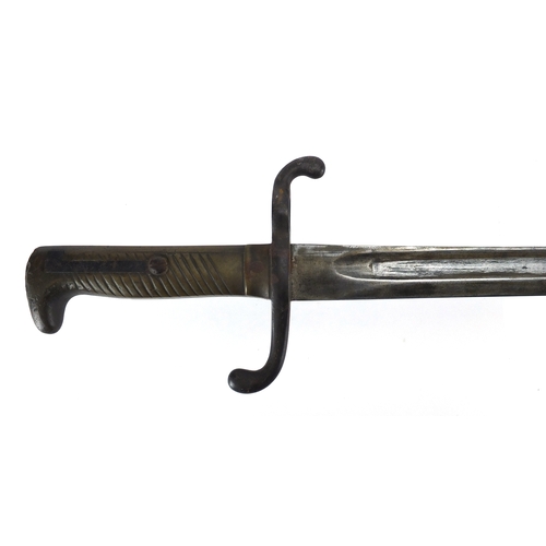 338 - 19th century German 1871 bayonet by Coulaux & Co with scabbard, various impressed marks, 63cm in len... 