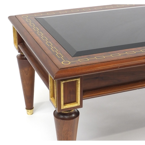 2019 - Clive Christian inlaid walnut coffee table with beveled smoked glass inset top, 46cm H x 118cm W x 6... 