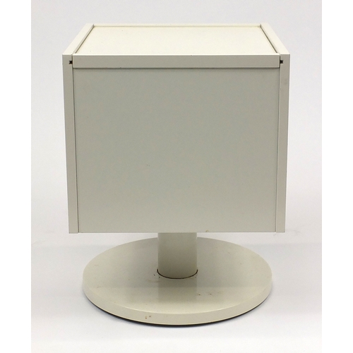 2032 - Square white Retro rotating pedestal table with sliding top enclosing a storage compartment, 57cm hi... 