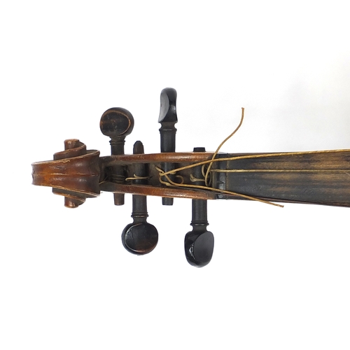 279 - Old wooden violin with scrolled neck, impressed Hopf and bearing a label to the interior, together w... 