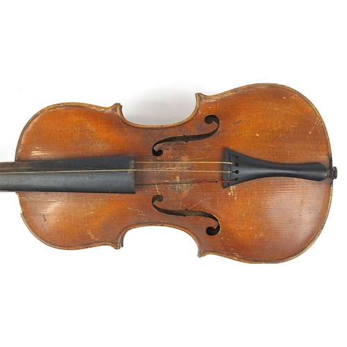 279 - Old wooden violin with scrolled neck, impressed Hopf and bearing a label to the interior, together w... 