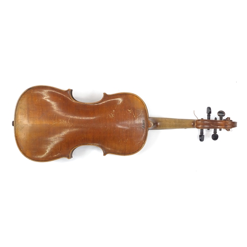 279 - Old wooden violin with scrolled neck, impressed Hopf and bearing a label to the interior, together w... 