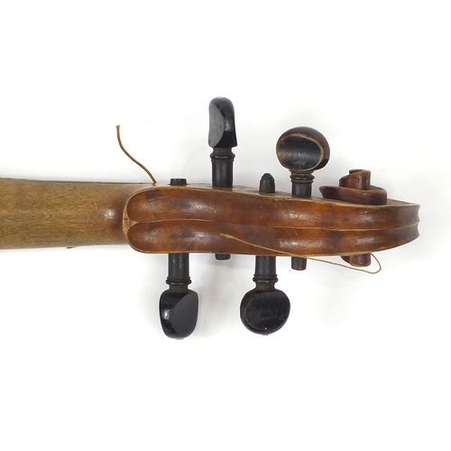 279 - Old wooden violin with scrolled neck, impressed Hopf and bearing a label to the interior, together w... 